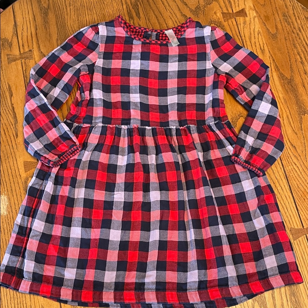 Primary Light Flannel Kids Plaid Dress in Red, Navy, Purple. Size 12 has pockets